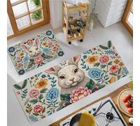 Bohemia 2 Piezas Alfombras Cocina, Conejo Étnico Lindo con Flores Antifatiga Tapete de Cocina para Piso Salón Alfombra de Cocina - 50x80+50x150cm