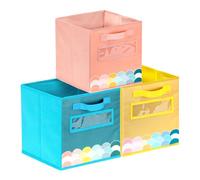BOHEMIABY Caja de almacenamiento plegable de 28 cm, cestas de tela coloridas, caja de almacenamiento con asas y ventana de etiquetado, caja plegable de almacenamiento para salón, oficina, habitación