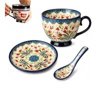 Bohemian Ceramic Coffee Mug Set with Lid Spoon,Polish Style Large Vintage Floral Breakfast Cup Set,Microwave Dishwasher Safe Cappuccino Mug,for Office Home Decor Gift