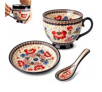 Bohemian Ceramic Coffee Mug Set with Lid Spoon,Polish Style Large Vintage Floral Breakfast Cup Set,Microwave Dishwasher Safe Cappuccino Mug,for Office Home Decor Gift