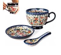 Bohemian Ceramic Coffee Mug Set with Lid Spoon,Polish Style Large Vintage Floral Breakfast Cup Set,Microwave Dishwasher Safe Cappuccino Mug,for Office Home Decor Gift