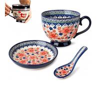 Bohemian Ceramic Coffee Mug Set with Lid Spoon,Polish Style Large Vintage Floral Breakfast Cup Set,Microwave Dishwasher Safe Cappuccino Mug,for Office Home Decor Gift