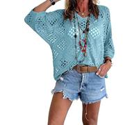 Bohemian Crochet Top for Women V-Neck, Lightweight, Breathable Summer Cover-Up, Boho Chic Layering for Beach, Festival (Sea Blue,XL)