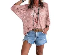Bohemian Crochet Top for Women V-Neck, Lightweight, Breathable Summer Cover-Up, Boho Chic Layering for Beach, Festival (Light Pink,4XL)