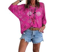 Bohemian Crochet Top for Women V-Neck, Lightweight, Breathable Summer Cover-Up, Boho Chic Layering for Beach, Festival (Magenta,3XL)