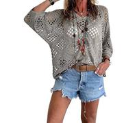 Bohemian Crochet Top for Women V-Neck, Lightweight, Breathable Summer Cover-Up, Boho Chic Layering for Beach, Festival (Grey,M)