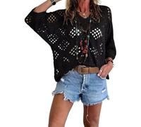 Bohemian Crochet Top for Women V-Neck, Lightweight, Breathable Summer Cover-Up, Boho Chic Layering for Beach, Festival (Black,5XL)