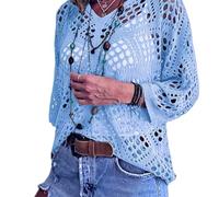 Bohemian Crochet Top for Women V-Neck, Lightweight, Breathable Summer Cover-Up, Boho Chic Layering for Beach, Festival (Blue,4XL)