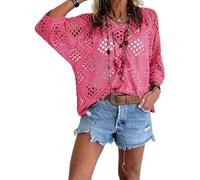 Bohemian Crochet Top for Women V-Neck, Lightweight, Breathable Summer Cover-Up, Boho Chic Layering for Beach, Festival (Pink,XXL)