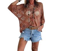 Bohemian Crochet Tops for Women, Loose Hollow out Crewneck Pullover (Caramel,XL)
