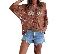 Bohemian Crochet Tops for Women V-Neck Loose Hollow out Summer Beach Cover Up Casual Knit Blouse (Caramel,L)