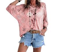 Bohemian Crochet Tops for Women V-Neck Loose Hollow out Summer Beach Cover Up Casual Knit Blouse (Pink,3XL)