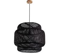 Bohemian Pendant Light Black Woven Chandelier Bamboo Rattan Rustic Lampshade Hollow Single Light Hanging Lamp with Wood Canopy Boho Living Room Farmhouse Hanging Light with Adjustable Cord