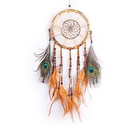 Bohemian Woven Pendant Dream Catcher Peacock Feathers Window Wall Decor Wind Chime Bedroom Hanging Ornaments Home(Yellow)