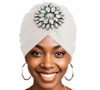 Bohend Sombrero turbante con diamantes de imitación para mujer, elástico, preatado, cubierta para la cabeza, capó musulmán con cristales, pañuelo plisado, Blanco, Talla única