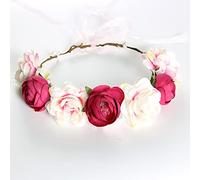 Boho Blumenkrone,BrautGirlande Stirnband,Hochzeit Rose Blume Krone Stirnband,Simulationsblume Kommunion Haarschmuck Haarkranz für Reisefotografie,Festival Hochzeit und Party,55 cm,Dunkelrot