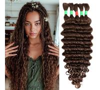 Boho Braids Human Hair Extensions for Braiding Human Braiding Hair for Boho Braids Deep Wave Bundles No Weft Curly 18inch 5 Bundles Total 100g #4 Light Brown