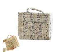 Boho-Chic Quilted Floral Storage Basket, Car Storage Basket Quilted, Large Capacity Collapsible Organizer with Reinforced Handles & Side Pockets for Home, Travel, Picnic, Shopping, Laundry (#E)