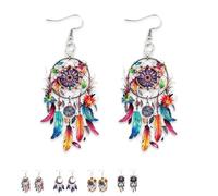 Boho Dreamcatcher Feather Earrings, Acrylic Bohemian Feathers and Floral Earrings for Women, Vintage Cowgirl Jewelry (d)