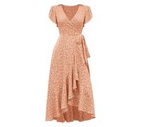 Boho Dresses for Women 2026 Causal V-Neck Button Short Sleeve Vacation Dresses Womens Elegant Swing Flowy Beach Dress with Pockets Ladies Maxi Holiday Party Club Dress