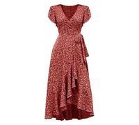 Boho Dresses for Women 2026 Causal V-Neck Button Short Sleeve Vacation Dresses Womens Elegant Swing Flowy Beach Dress with Pockets Ladies Maxi Holiday Party Club Dress
