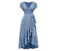 Boho Dresses for Women 2026 Causal V-Neck Button Short Sleeve Vacation Dresses Womens Elegant Swing Flowy Beach Dress with Pockets Ladies Maxi Holiday Party Club Dress