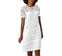 Boho Dresses for Women UK,Womens Pencil Dresses Ladies White Short Sleeve Solid Lace Summer Off Shoulder Loose Fit Midi Dress Casual Swing SundressESJAH57