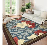 Boho Farmhouse 140x200 Dormitorio Alfombra Lavable Easy Clean Resistente a Las Manchas Area Alfombrilla for Comedor Under Table William Morris Floral Tapete Gray Leaf Decorative Border Teal Blue