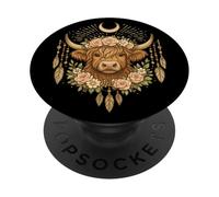Boho Highland Cow Floral Moon Scottish Highland Ganado PopSockets PopGrip Adhesivo