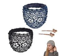 Boho Lace Headbands for Women Wide, Vintage Pearl Beaded Hair Bands with Plum Blossom Hollow Design, Non-Slip Elastic Hair Accessories For Wedding Party Daily Wear, Elegant Breathable Head Wrap (B*2)