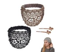 Boho Lace Headbands for Women Wide, Vintage Pearl Beaded Hair Bands with Plum Blossom Hollow Design, Non-Slip Elastic Hair Accessories For Wedding Party Daily Wear, Elegant Breathable Head Wrap (D*2)