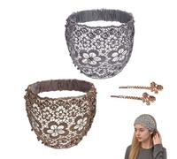 Boho Lace Headbands for Women Wide, Vintage Pearl Beaded Hair Bands with Plum Blossom Hollow Design, Non-Slip Elastic Hair Accessories For Wedding Party Daily Wear, Elegant Breathable Head Wrap (A*2)