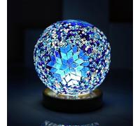 Boho lámpara azul de mosaico vintage retro teñido turco marroquí bohemia Tiffany lado cama vidrio colorido hecho a mano con base de madera USB carga decoración luz para habitación
