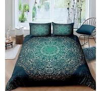 Boho Mandala - Funda nórdica bohemia, estilo cama, conjunto de niñas, decoración de flores, exóticas, juego de cama de 220 x 240 cm, color dorado y verde