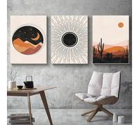Boho Montaña Paisaje Cartel Abstracto Sol Luna Arte Impresión Estrellas Lienzo Pintura Mural Moderna para la Sala de Estar Oficina Decoración del Hogar-(30*50cm/12*20pulgadas)*3PCS-Sin marco