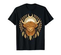 Boho Mystic Highland Cow Crescent Moon Feather Vaca Escocesa Camiseta