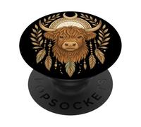 Boho Mystic Highland Cow Crescent Moon Feather Vaca Escocesa PopSockets PopGrip Adhesivo