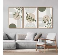 Boho Sage Green Canvas Wall Art, Mid Century Modern Wall Decor, Abstract Geometric Line Leaf Art Painting for Bathroom(20x30cmx3/Canvas Wrapped)