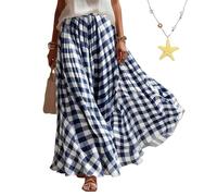 Boho Skirts for Women Midi Length Loose Fit Plaid Skirt Long Flowy Elastic Waist Dress Summer Casual Beach Vacation (Dark Blue,XXL)