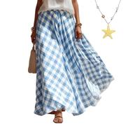 Boho Skirts for Women Midi Length Loose Fit Plaid Skirt Long Flowy Elastic Waist Dress Summer Casual Beach Vacation (Light Blue,S)