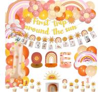 Boho Sun 1er Cumpleaños Decoraciones, Incluye la pancarta First Trip Around The Sun, Bohemio Mensual Foto Banner, ONE Honeycomb Centro de Mesa, Cake Toppers, Globos para Fiesta de Primer Cumpleaños
