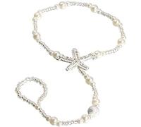 Boho - Tobillera de estrella de mar con perlas de imitación, cadena de tobillo, sandalias de pie descalzo, joyas elásticas de playa de novia con anillo de punta para tratamiento práctico