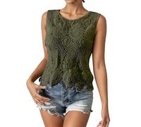 Boho Top Mujer Encaje Mujer Verano Tank Top Crochet Encaje Camisas sin Mangas Flores Elegante Camisola Guipur Bordado Blusa Playa Vacaciones Traje Casual Hollow Out Cami Tops, O Ejército Verde, S