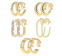 BOHUIZ Juego de 5 pares de aretes de aro dorados con clip para mujer, elegantes aretes de aro gruesos de oro, sin perforación, juego de aretes falsos para mujer, fiesta de cumpleaños, festival, uso