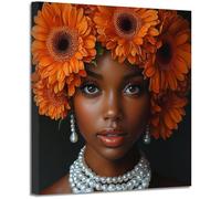 BOHUO Impresión sobre lienzo Retrato con corona de gerberas naranjas, Acento mural con perlas decoración para dormitorio(Green 20)-40x40cm Enmarcado