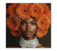 BOHUO Impresión sobre lienzo Retrato con corona de gerberas naranjas, Collar de perlas decoración mural hogar moderno(Pink 91)-40x40cm Sin marco
