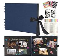 Boic Album de Fotos para Pegar y Escribir Scrapbook, Retro DIY Scrapbooking 80 Páginas Negras, con 12 Rotuladores, Original Regalos de Boda Aniversario Bebé Cumpleanos Familiares (Azul)