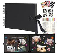 Boic Album de Fotos para Pegar y Escribir Scrapbook, Retro DIY Scrapbooking 80 Páginas Negras, con 12 Rotuladores, Original Regalos de Boda Aniversario Bebé Cumpleanos Familiares (Negro)