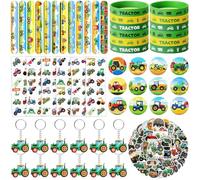BOIKOKY Tractor - Juego de 110 piezas para niños, decoración de cumpleaños y accesorios con pulseras de chismes, tatuajes, pegatinas, llaveros y botones