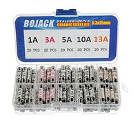 BOJACK 5 Valores 100 piezas 1 3 5 10 13 A amp 240 V Voltios Enchufe de la red doméstica Fusible 6,3x25 mm 0,25x1 pulgadas BS1362 Cartucho de tubo de cerámica Fusibles Kit de surtido